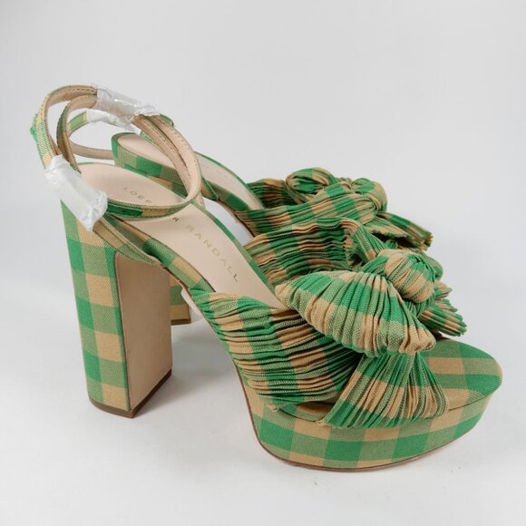 Loeffler Randall Natalia Bow Platform Heel SANDALS Size 5 Green Gingham NEW $450 - Picture 7 of 16